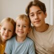 Portrait de trois frères et sœurs côte à côte, illustrant l’impact de la place dans la fratrie sur la personnalité.