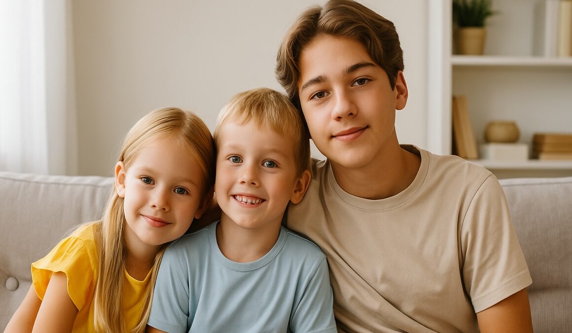 Portrait de trois frères et sœurs côte à côte, illustrant l’impact de la place dans la fratrie sur la personnalité.