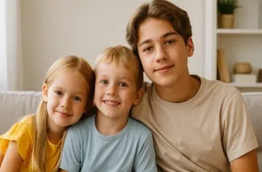 Portrait de trois frères et sœurs côte à côte, illustrant l’impact de la place dans la fratrie sur la personnalité.