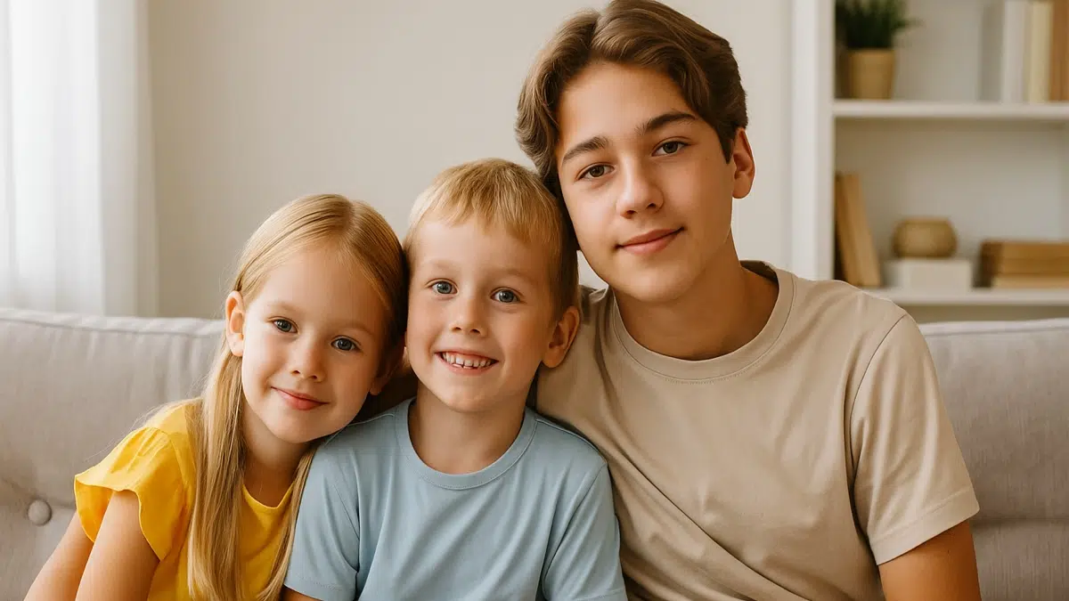 Portrait de trois frères et sœurs côte à côte, illustrant l’impact de la place dans la fratrie sur la personnalité.