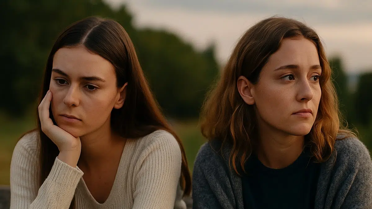 Deux jeunes femmes assises côte à côte, regardant dans des directions opposées, symbolisant la distance émotionnelle et les tensions dans une amitié compliquée.
