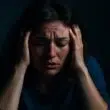 Jeune femme submergée par la fatigue mentale, seule dans une pièce sombre — une image forte de l’épuisement émotionnel et du burn-out