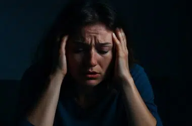 Jeune femme submergée par la fatigue mentale, seule dans une pièce sombre — une image forte de l’épuisement émotionnel et du burn-out