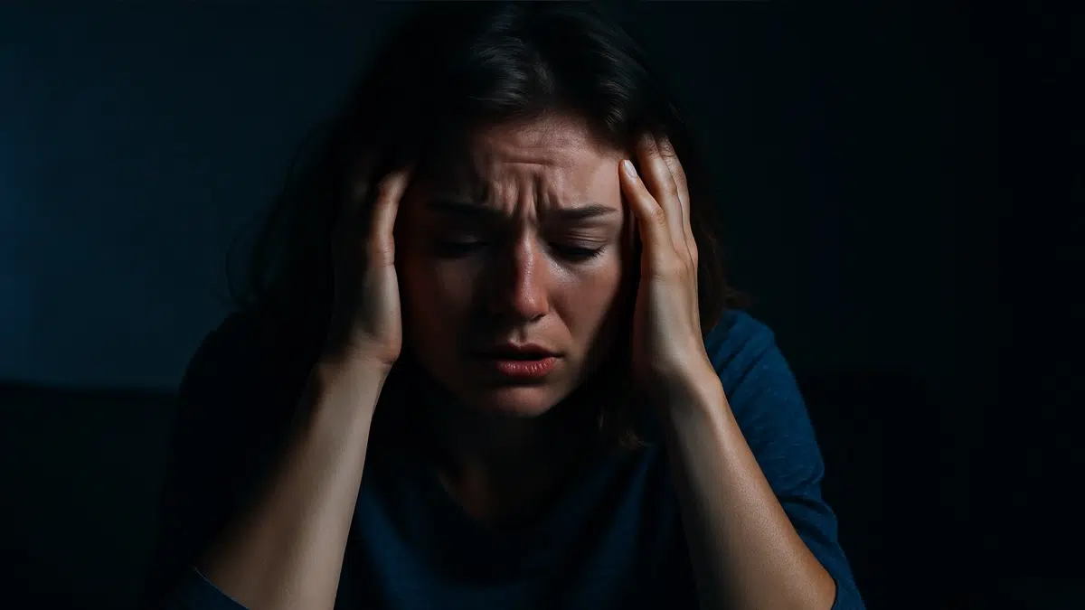 Jeune femme submergée par la fatigue mentale, seule dans une pièce sombre — une image forte de l’épuisement émotionnel et du burn-out