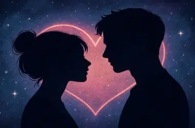 Deux silhouettes face à face dans une ambiance douce et intime, évoquant les débuts d’une relation amoureuse saine et consciente