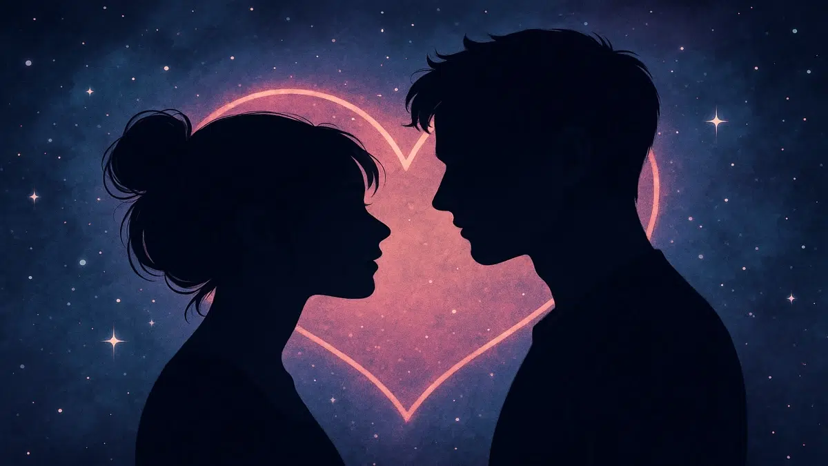 Deux silhouettes face à face dans une ambiance douce et intime, évoquant les débuts d’une relation amoureuse saine et consciente