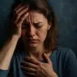 Femme en détresse mentale, illustrant les signaux physiques du mal-être psychologique comme la fatigue, la douleur ou la tension corporelle
