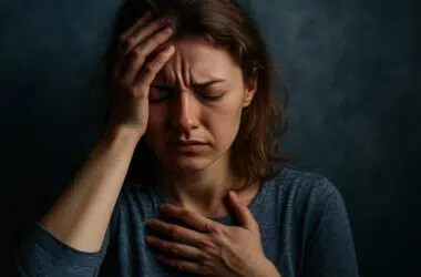 Femme en détresse mentale, illustrant les signaux physiques du mal-être psychologique comme la fatigue, la douleur ou la tension corporelle