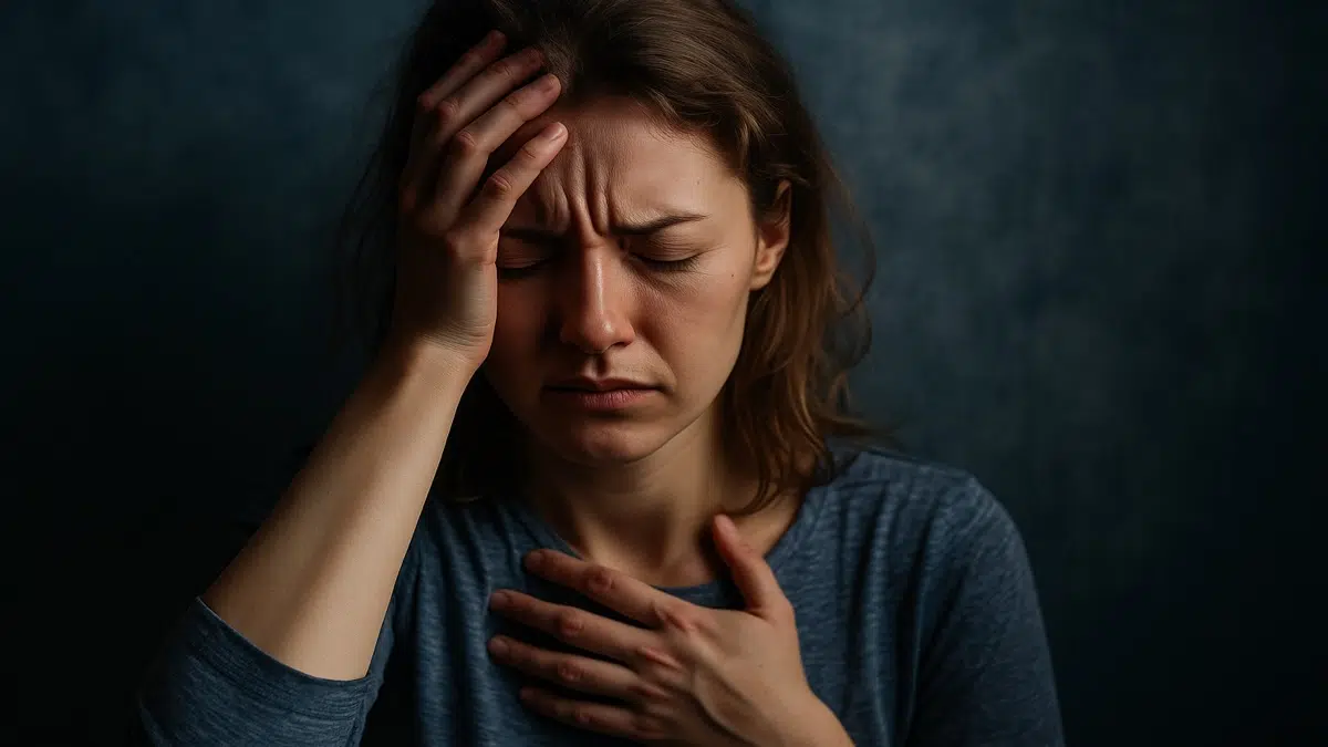 Femme en détresse mentale, illustrant les signaux physiques du mal-être psychologique comme la fatigue, la douleur ou la tension corporelle