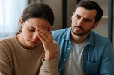 emme épuisée émotionnellement dans son couple, face à un partenaire préoccupé — une illustration du burn-out relationnel.