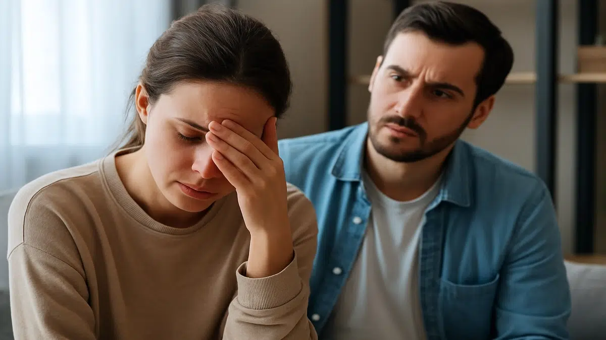 emme épuisée émotionnellement dans son couple, face à un partenaire préoccupé — une illustration du burn-out relationnel.