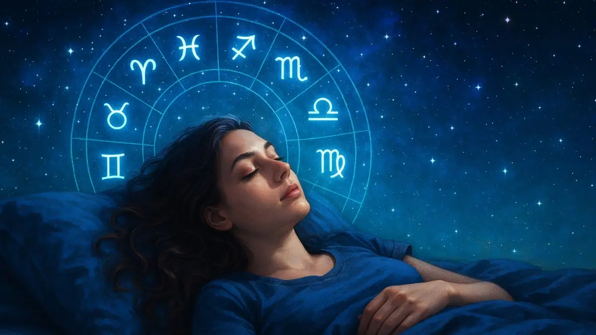 Illustration astrale d’une silhouette endormie sous un ciel étoilé, avec constellations brillantes et ambiance mystique saturée.