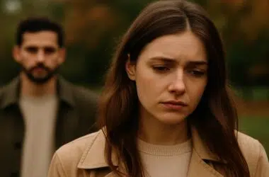 Jeune femme au regard triste, de dos à un homme distant dans un parc d’automne, illustrant l’amour non réciproque et les relations déséquilibrées.