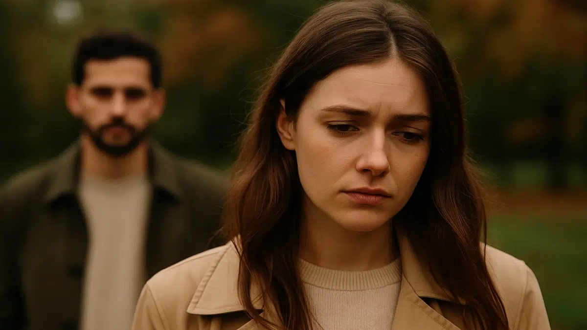 Jeune femme au regard triste, de dos à un homme distant dans un parc d’automne, illustrant l’amour non réciproque et les relations déséquilibrées.