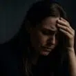 Une jeune femme visiblement à bout, assise sur un lit dans une pièce sombre, la tête dans les mains, illustrant le sentiment d’épuisement émotionnel typique du burn-out.