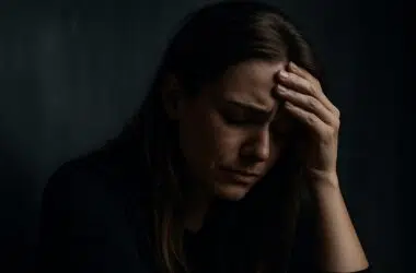 Une jeune femme visiblement à bout, assise sur un lit dans une pièce sombre, la tête dans les mains, illustrant le sentiment d’épuisement émotionnel typique du burn-out.