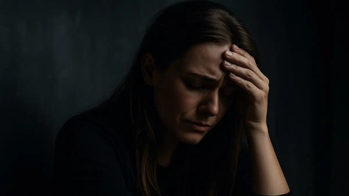 Une jeune femme visiblement à bout, assise sur un lit dans une pièce sombre, la tête dans les mains, illustrant le sentiment d’épuisement émotionnel typique du burn-out.