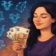 Illustration astrologique représentant une femme préoccupée par l’argent, symbolisant le lien entre les signes du zodiaque et le rapport à l’argent.