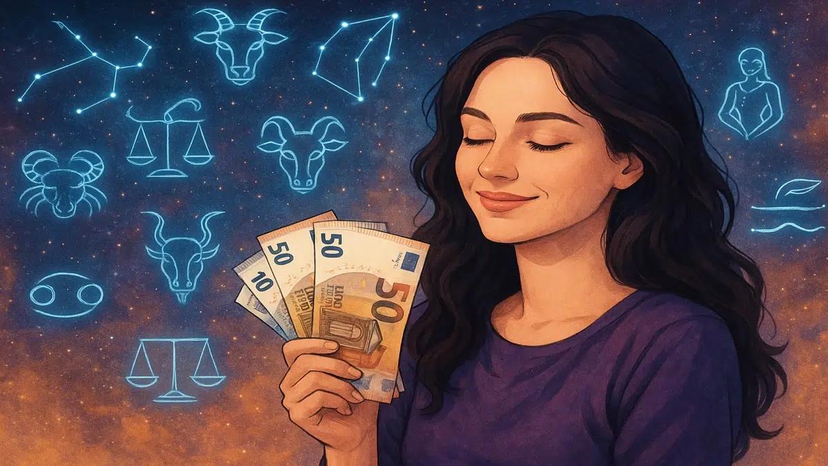 Illustration astrologique représentant une femme préoccupée par l’argent, symbolisant le lien entre les signes du zodiaque et le rapport à l’argent.