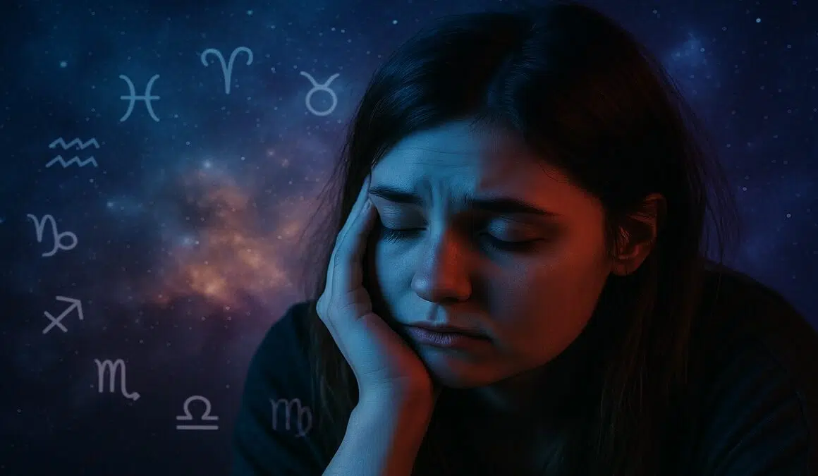 Une femme pensive sous un ciel étoilé, entourée de symboles astrologiques lumineux, illustrant la charge mentale et émotionnelle portée par certains signes du zodiaque.