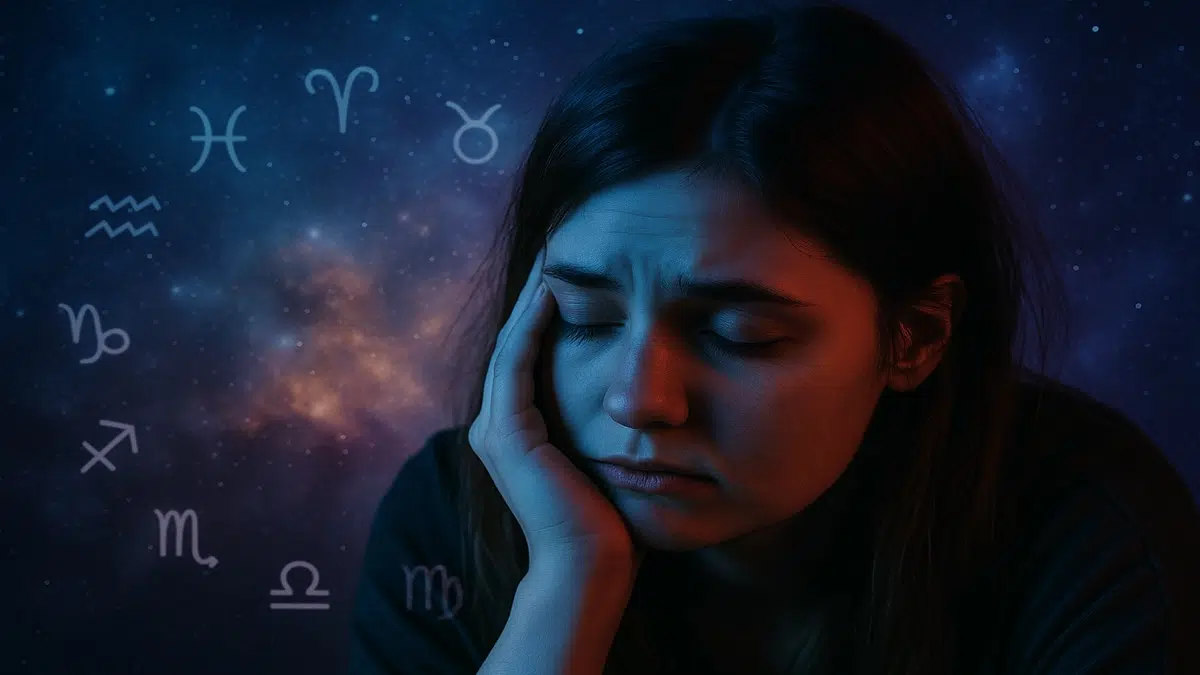 Une femme pensive sous un ciel étoilé, entourée de symboles astrologiques lumineux, illustrant la charge mentale et émotionnelle portée par certains signes du zodiaque.