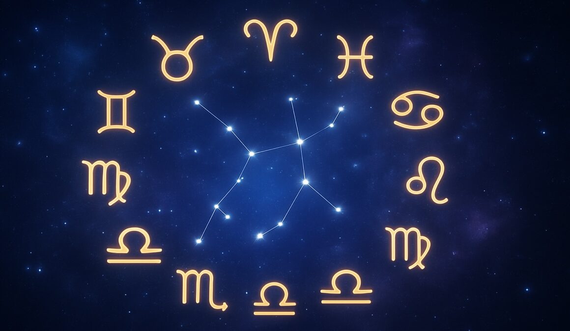 Illustration des douze signes du zodiaque avec une ambiance céleste et symbolique, représentant l’impact inconscient des signes astrologiques sur les relations amoureuses.