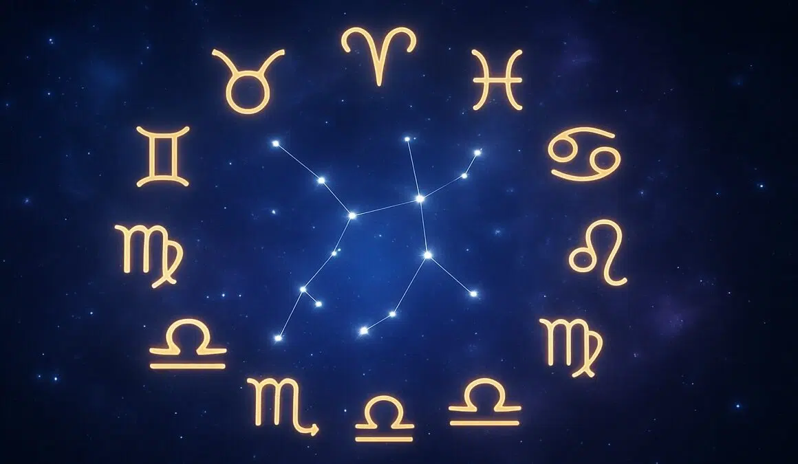 Illustration des douze signes du zodiaque avec une ambiance céleste et symbolique, représentant l’impact inconscient des signes astrologiques sur les relations amoureuses.