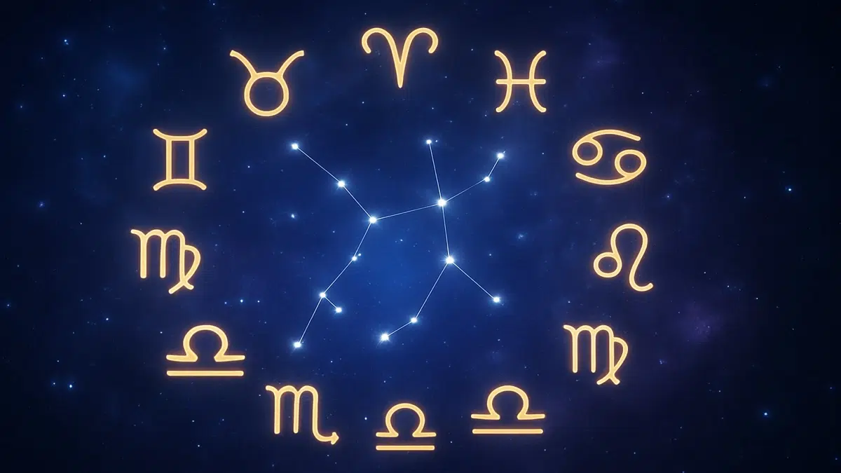 Illustration des douze signes du zodiaque avec une ambiance céleste et symbolique, représentant l’impact inconscient des signes astrologiques sur les relations amoureuses.
