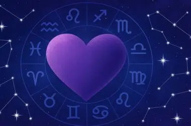 Illustration astrologique d’ambiance céleste représentant les signes du zodiaque et les émotions amoureuses.