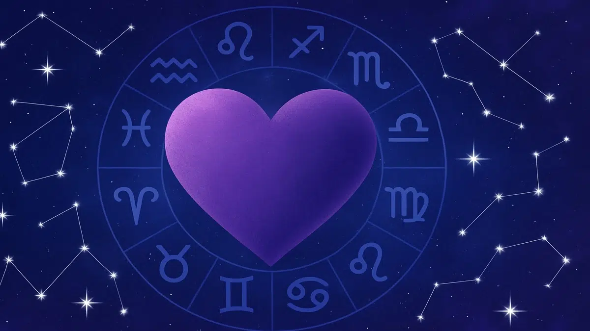 Illustration astrologique d’ambiance céleste représentant les signes du zodiaque et les émotions amoureuses.