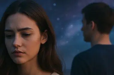 Femme triste face à un homme absent, dans une atmosphère nocturne et émotionnelle.
