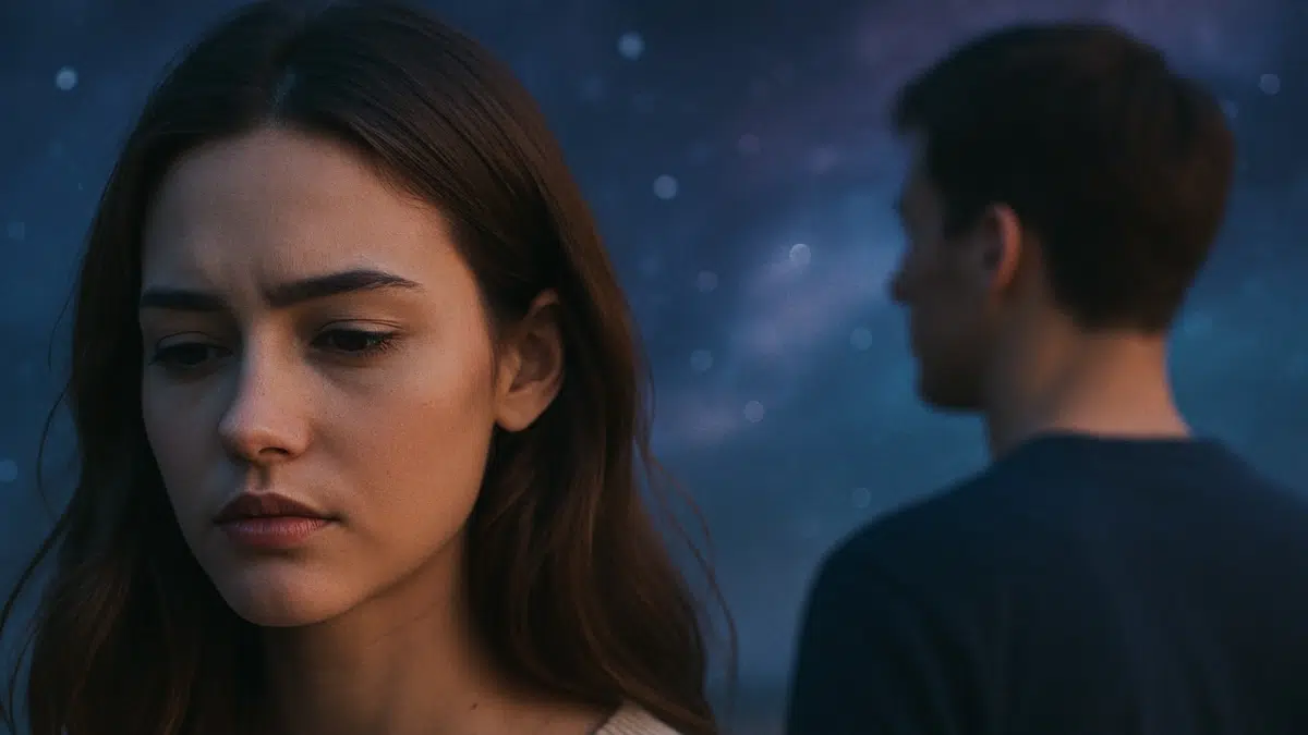 Femme triste face à un homme absent, dans une atmosphère nocturne et émotionnelle.