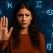 Une jeune femme au regard déterminé fait un geste de refus, sur fond d’un ciel étoilé et de constellations, illustrant le pouvoir de dire non dans une ambiance astrologique intense.