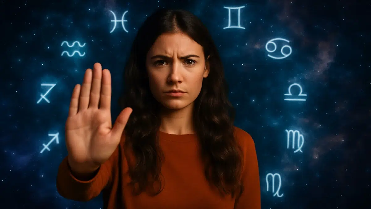 Une jeune femme au regard déterminé fait un geste de refus, sur fond d’un ciel étoilé et de constellations, illustrant le pouvoir de dire non dans une ambiance astrologique intense.