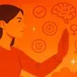 Femme calme et affirmée posant ses limites face à un interlocuteur, dans une scène symbolisant la psychologie, l’assertivité et la libération émotionnelle.