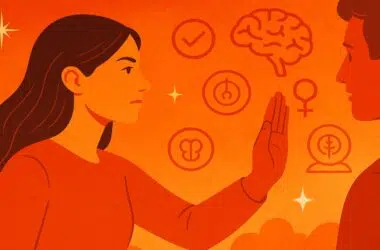 Femme calme et affirmée posant ses limites face à un interlocuteur, dans une scène symbolisant la psychologie, l’assertivité et la libération émotionnelle.