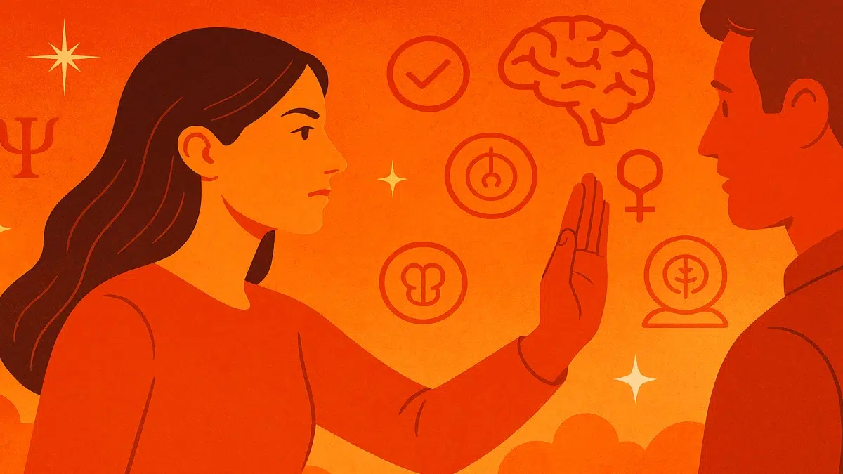 Femme calme et affirmée posant ses limites face à un interlocuteur, dans une scène symbolisant la psychologie, l’assertivité et la libération émotionnelle.