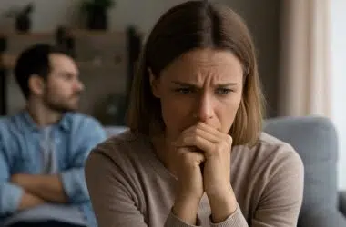 Femme pensive, symbolisant les difficultés émotionnelles et financières liées au divorce et à l’indépendance économique