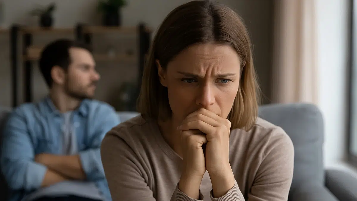 Femme pensive, symbolisant les difficultés émotionnelles et financières liées au divorce et à l’indépendance économique
