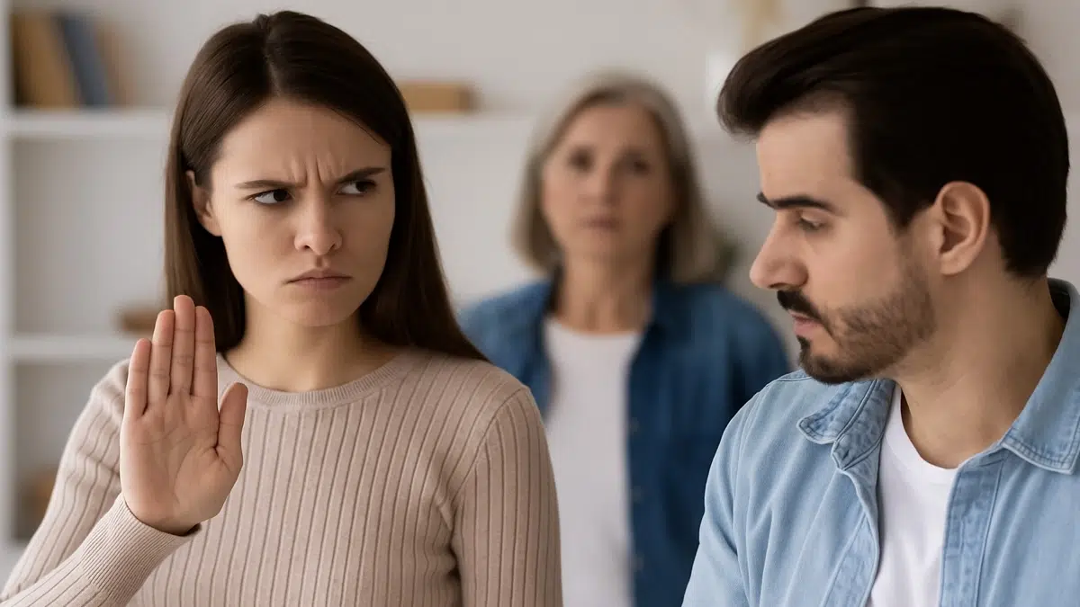 Une femme en couple lève la main pour stopper une discussion tendue, avec la présence d’une mère en arrière-plan, illustrant l’impact d’une mère toxique sur une relation amoureuse.