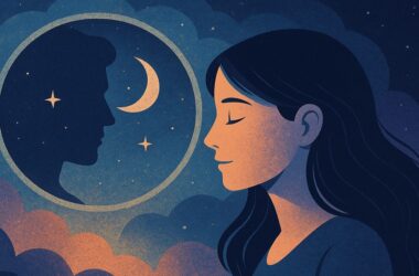 Illustration onirique représentant une silhouette en train de rêver, symbolisant les rêves récurrents et les visages familiers qui hantent notre inconscient selon la psychologie moderne.