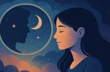Illustration onirique représentant une silhouette en train de rêver, symbolisant les rêves récurrents et les visages familiers qui hantent notre inconscient selon la psychologie moderne.