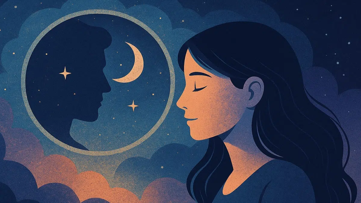 Illustration onirique représentant une silhouette en train de rêver, symbolisant les rêves récurrents et les visages familiers qui hantent notre inconscient selon la psychologie moderne.