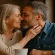Couple de cinquantenaires souriants, marchant côte à côte dans une ambiance douce et complice — symbole d’un amour retrouvé après 50 ans, serein et apaisé.