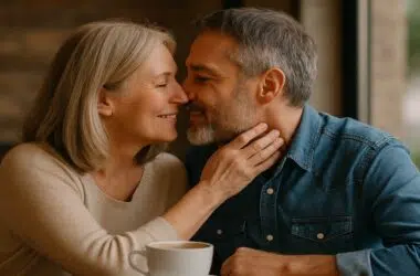 Couple de cinquantenaires souriants, marchant côte à côte dans une ambiance douce et complice — symbole d’un amour retrouvé après 50 ans, serein et apaisé.