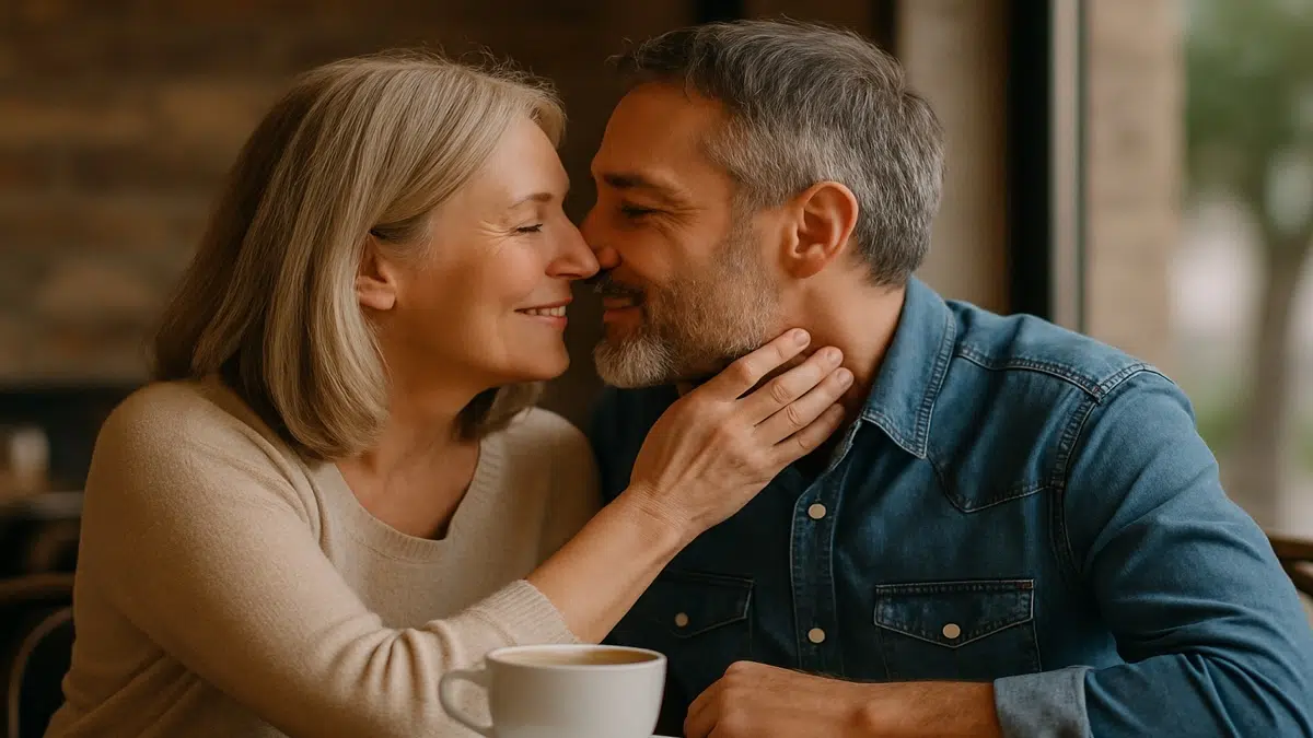 Couple de cinquantenaires souriants, marchant côte à côte dans une ambiance douce et complice — symbole d’un amour retrouvé après 50 ans, serein et apaisé.